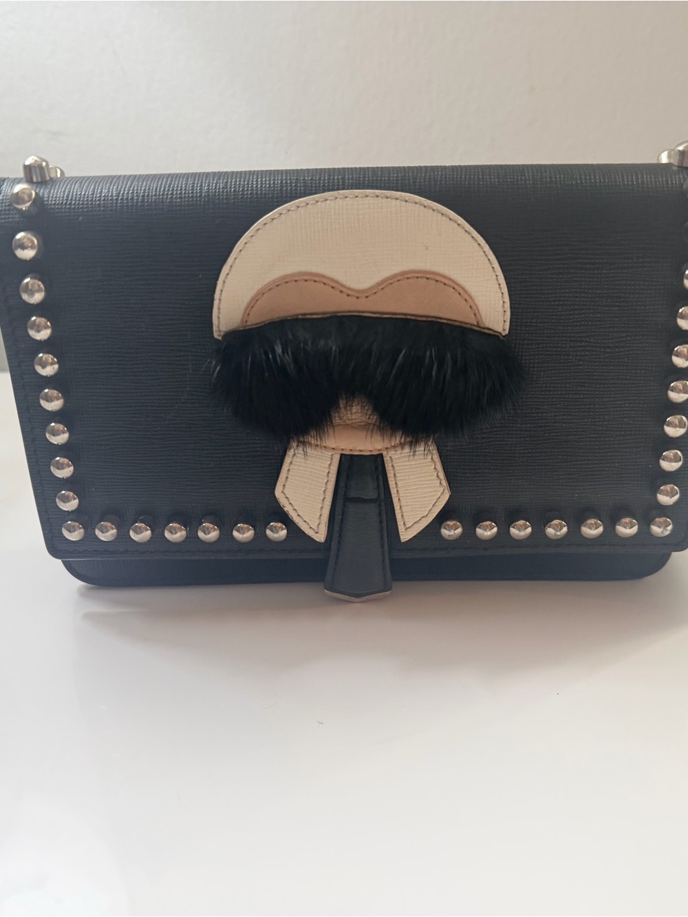 Black fendi Studded Crossbody Bag with Fur Accent